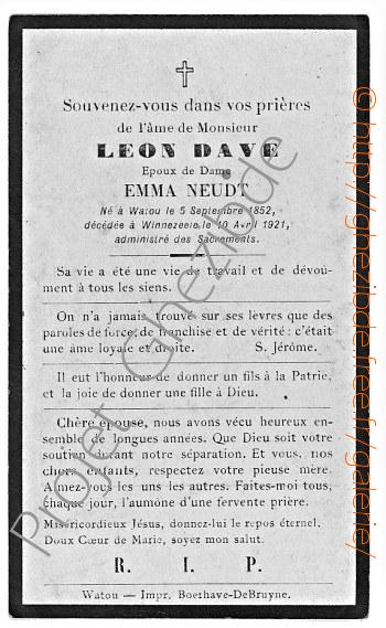 Lon DAVE poux de Dame Emma NEUDT, dcd  Winnezeele, le 10 Avril 1921.